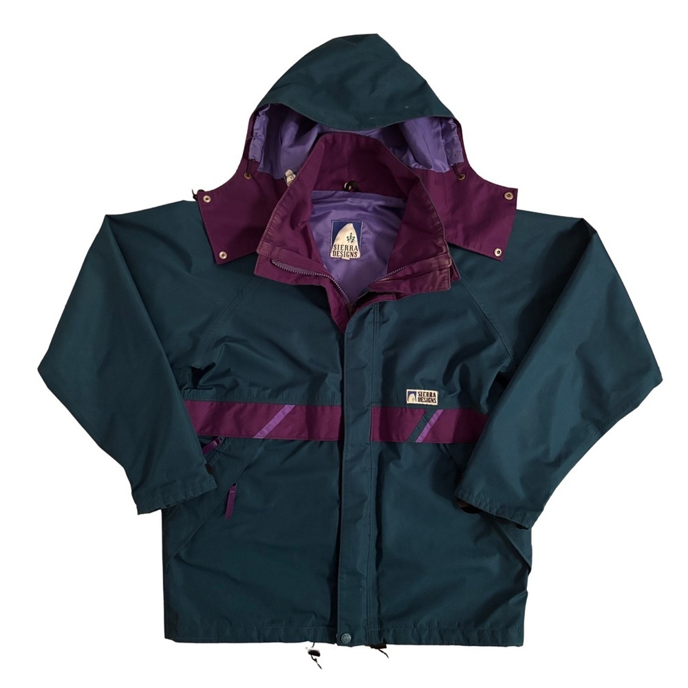 90’s Sierra Designs Dark Green and Purple Spring/Rain Hooded Jacket